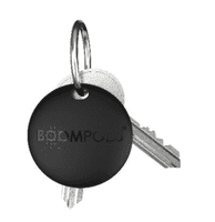 A black boomtag tracker attached to a keyring with keys, featuring a logo on the tracker.