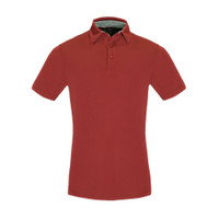 A red men's polo shirt with a classic collar and a logo on the chest area.