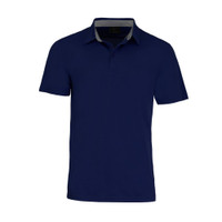 A navy blue men's polo shirt featuring a collar and short sleeves, with a logo on the chest.