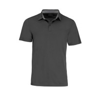 A grey polo shirt with a classic collar and a logo on the chest. Short sleeves and a simple design.