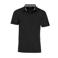 A black polo shirt with a contrasting collar and a logo on the chest. Short-sleeved design.