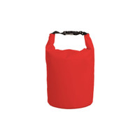 A red waterproof dry bag with a black strap and buckle closure. It features a simple design and has a logo.