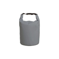 A waterproof dry bag in grey with a secure buckle handle, ideal for keeping items dry. Features a logo.