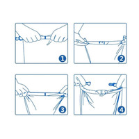 Four instructional images demonstrating the steps to seal a blue waterproof dry bag.