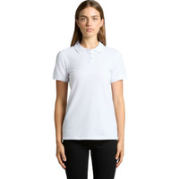 A white polo shirt with a classic collar and short sleeves, featuring a logo.
