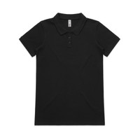 A black polo shirt with a collar and three buttons, featuring a logo on the chest.