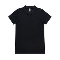 A black polo shirt with a classic collar and three buttons, featuring a logo on the chest.