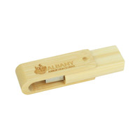 A wooden flash drive in natural colour with a sliding cap design and a logo engraved on the surface.