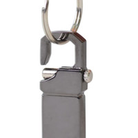 A metallic flash drive with a keyring attachment, featuring a sleek silver design.