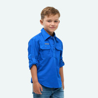Angled front view of the Outback Cobber Hazeldean Kids Half Button Long Sleeve Work Shirt in royal blue, highlighting the half-button front, chest pockets, and rolled-up sleeve option.