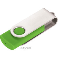 A green and silver rotate USB flash drive with a circular button, featuring a sleek, modern design.
