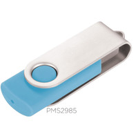 A USB flash drive featuring a silver metal body and a blue rubber cap, complete with a logo on the body.