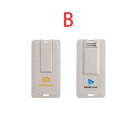 A Wheat Straw Credit Card Flash Drive in a light beige colour with two sides featuring different designs and logos.