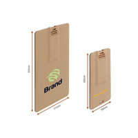 A wheat straw credit card flash drive in a light earthy colour, with two sizes and a logo displayed on the front.