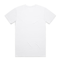 A plain white T-shirt with a standard crew neck and short sleeves, featuring a logo on the front.