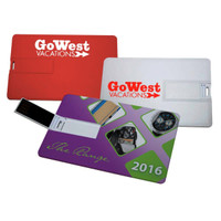 A collection of three superslim credit card USB drives in red, white, and purple, each featuring a logo.