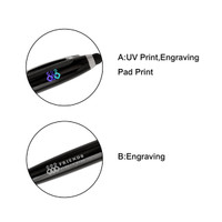 A black metal pen with a logo, featuring options for UV printing and engraving.