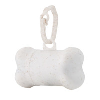 A white bone-shaped dog waste bag dispenser with a clip attachment. It has a speckled texture.