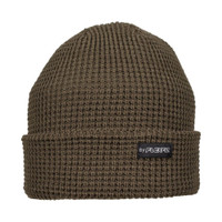 Waffle beanie in the colour olive with a small black pip label attached on the fold over