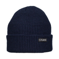 Waffle beanie in the colour navy with a small black pip label attached on the fold over