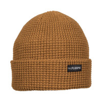 Waffle beanie in the colour coffee with a small black pip label attached on the fold over