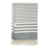A grey and white striped blanket with tassel detailing, featuring a small logo tag.