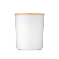 A large white glass candle with a bamboo lid, designed for home and living decor.