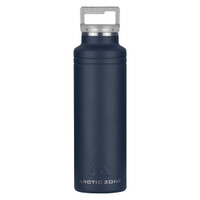 A drink bottle in navy blue with a silver lid and a branded logo on the front.