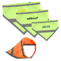 A set of reflective dog bandanas in bright yellow and orange with grey accents, featuring various logos.