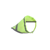 A reflective dog bandana in bright yellow and black, featuring a collar opening and a logo.