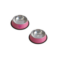 A pink pet feeding bowl with a stainless steel interior and a rubber base, featuring a logo on the side.
