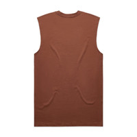 A brown sleeveless shirt with a simple design and a back view, featuring a logo on the garment.