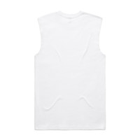 A plain white sleeveless tank top with a simple design and a logo on the back.