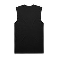 A black sleeveless tank top with a smooth texture and a logo on the back.