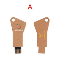 A brown eco-friendly flash drive with a unique key shape and two sides, featuring a logo on each side.