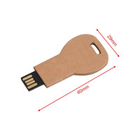 A brown eco-friendly flash drive shaped like a key, featuring a black USB connector. It has a logo on the surface.