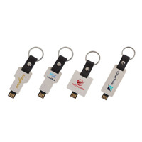 A set of eco-friendly mini flash drive keychains in white with various logos, featuring a black attachment loop.