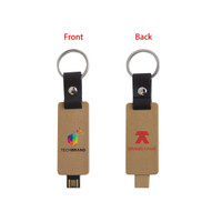 An eco-friendly mini flash drive keychain in beige, featuring logos on both sides and a metal keyring attachment.