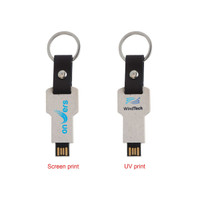 A keychain flash drive featuring a grey and black design with two different print styles and a circular metal keyring.