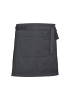 A dark grey waist apron featuring a tie waist closure and a large front pocket. It has a subtle textured design and includes a logo.