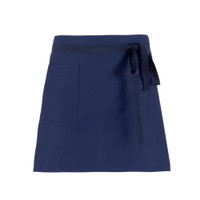 A navy blue apron featuring a pocket and a tie at the waist, with a logo in the corner.