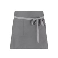 A grey apron with a tie waist and a front pocket, featuring a logo at the top.