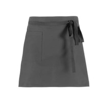 A dark grey apron with a tie waist and a single front pocket, featuring a logo.