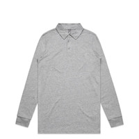 A long-sleeve polo shirt in grey with a collar, featuring buttons and branded details.