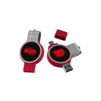 A red and silver double-ended swivel flash drive with a logo on its body and a protective cap.