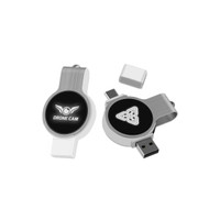 A double-ended swivel flash drive in silver and black with logos on both sides.