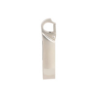 A silver Clip Lock Flash Drive with a sleek design and a built-in clip for attachment. It features a logo.