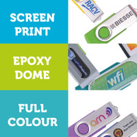 A colourful collection of promotional flash drives, featuring various design styles and branding options.