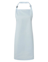 A light blue bib apron featuring a simple design and an adjustable neck strap. It includes a logo on the fabric.