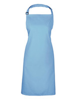 A blue bib apron with a neck strap and adjustable buckle, designed for chefs and uniform use.